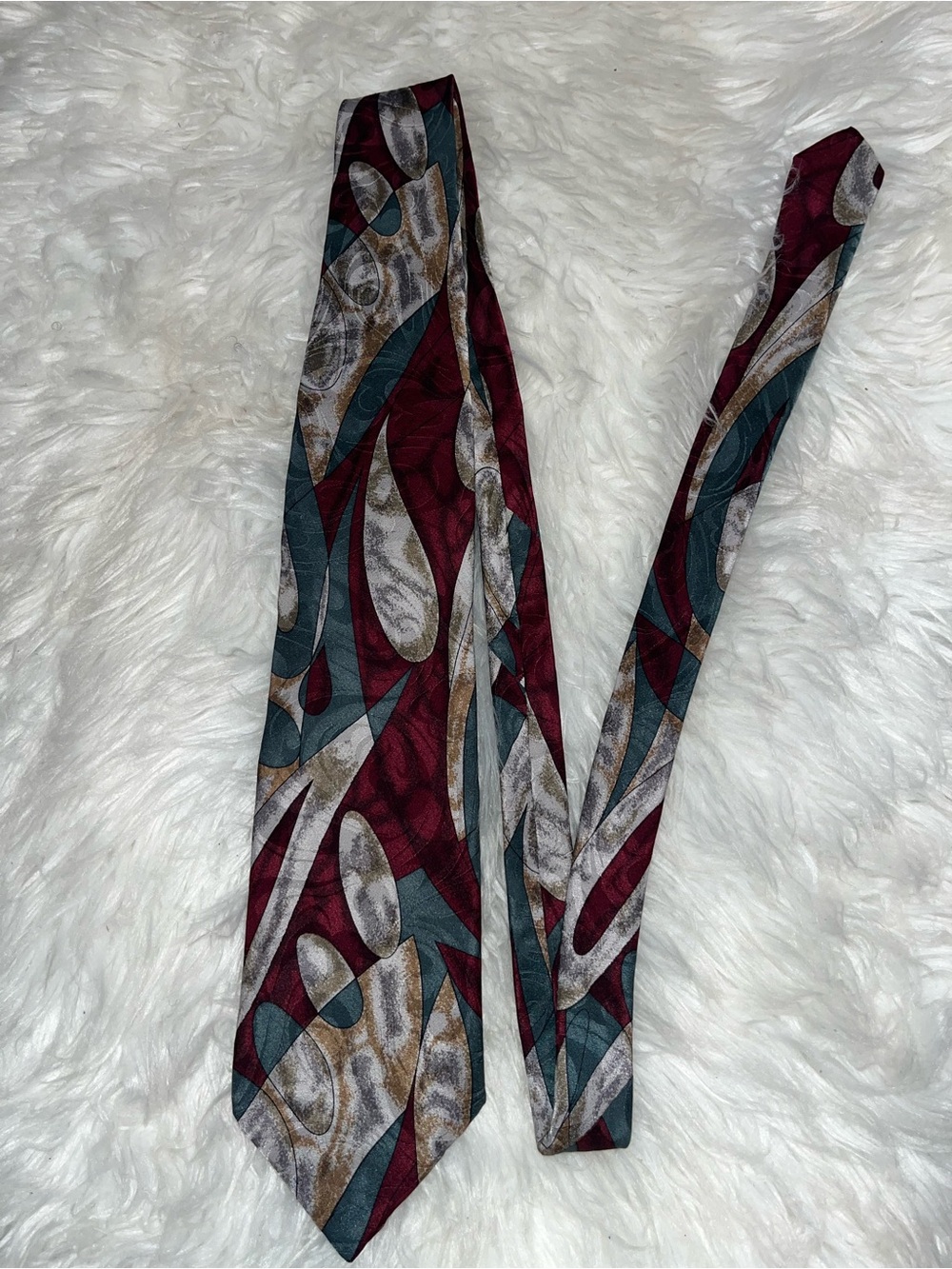 Abstract Pattern Skinny Tie in Burgundy, Teal & Cream